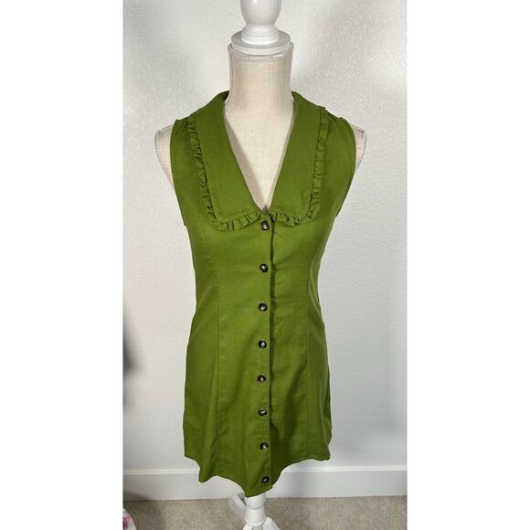 Monteau Ruffled Collar Green Linen Blend Retro Inspired Mini Dress -S - Picture 1 of 4